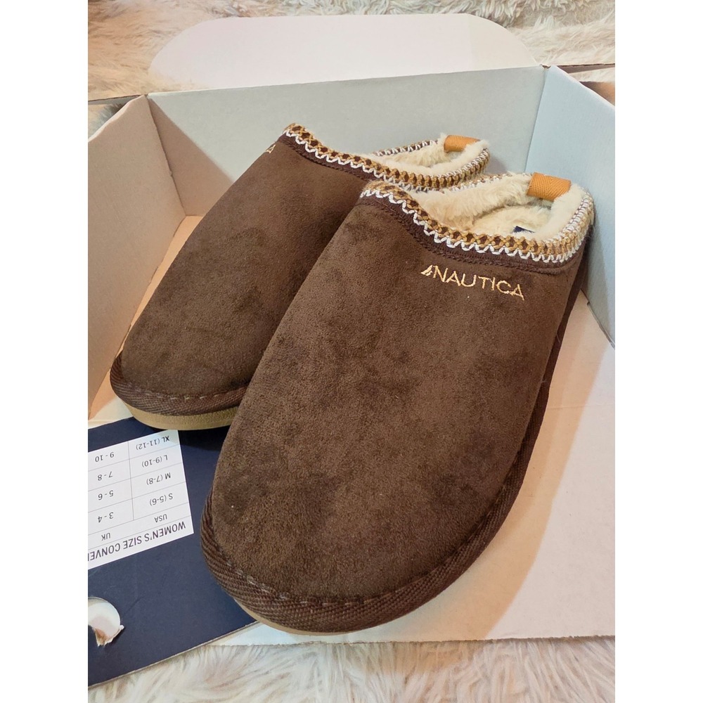 NWT Nautica Danja Faux Shearling Lined Mules Slippers - Brown - Women's XL 11-12